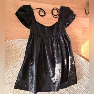 Free People Black Satin Puff-Sleeve Dress